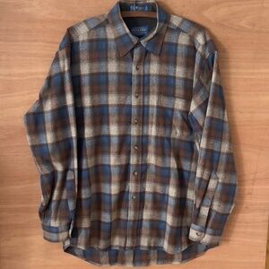 Pendleton wool  flanel plaid Lodge Shirt men's L large brown blue tan button up